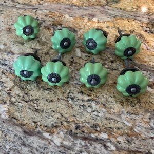 Set of 8 tea green Anthropologie Drawer Pulls ceramic with antique tin color